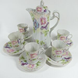 Nippon Handpainted Chocolate Set Pitcher Cups Saucers Floral Antique